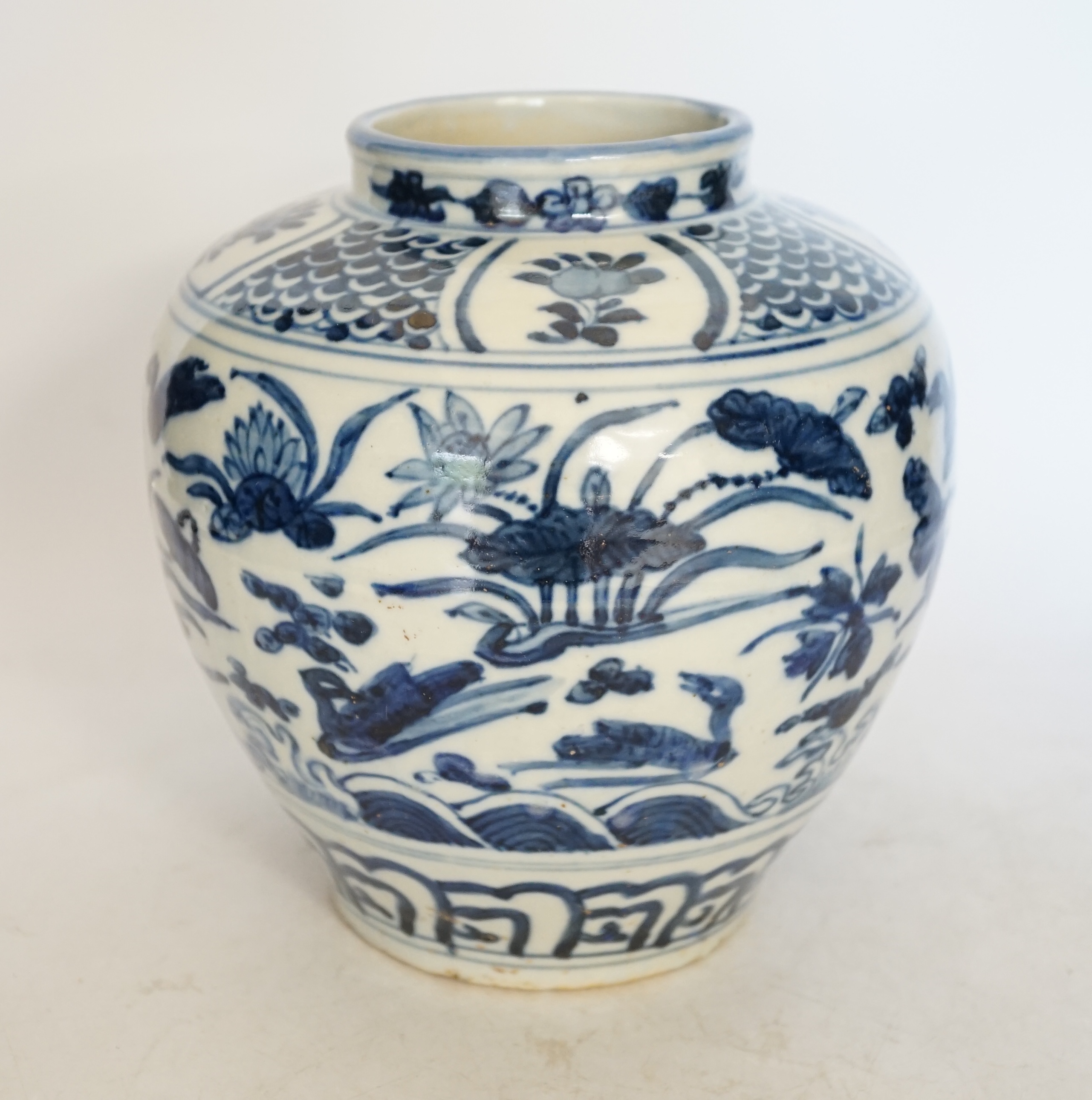 A Chinese blue and white ovoid jar, 18cm high. Condition - good